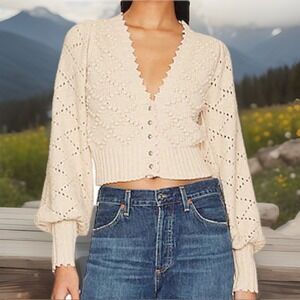 Free People Polly Sweater Revolve Pompom Puff Sleeve Cardigan Women Sm, Oatmeal